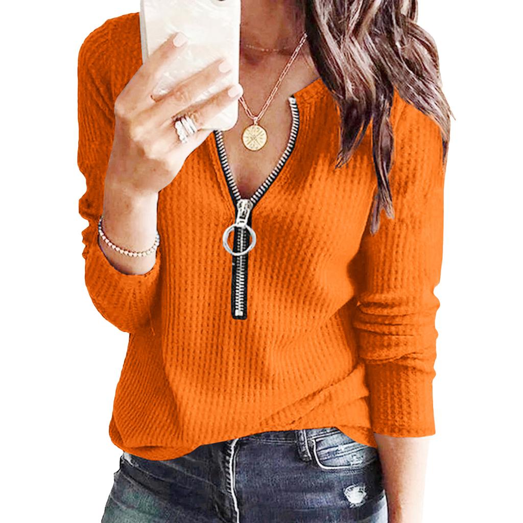 Women Solid Color Waffle Long Sleeve Zipper Casual T Shirt Top