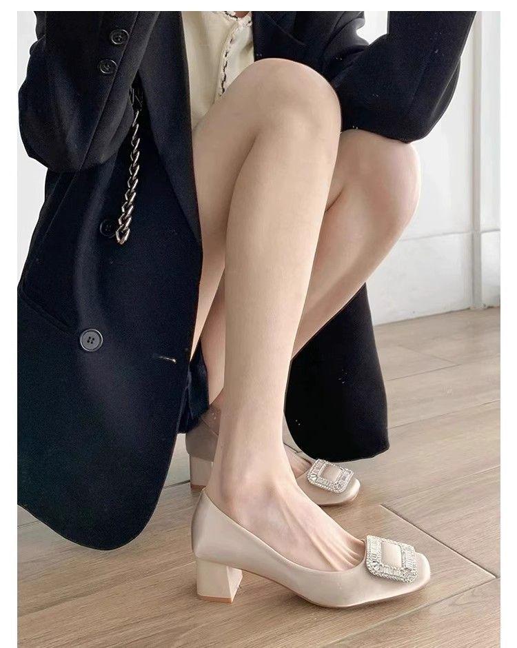 Women's 2025 Spring/Autumn Square Toe Rhinestone High Heels with French Satin Buckle