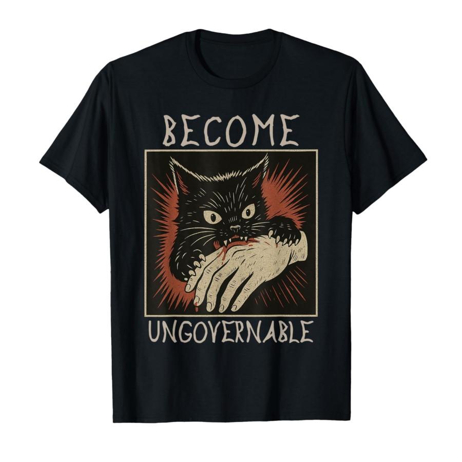 Become Ungovernable Black Cat Meme Funny Biting Hand Design T-shirt Men Women 100% Cotton T Shirts Short Sleeve Tops 0804-3 S