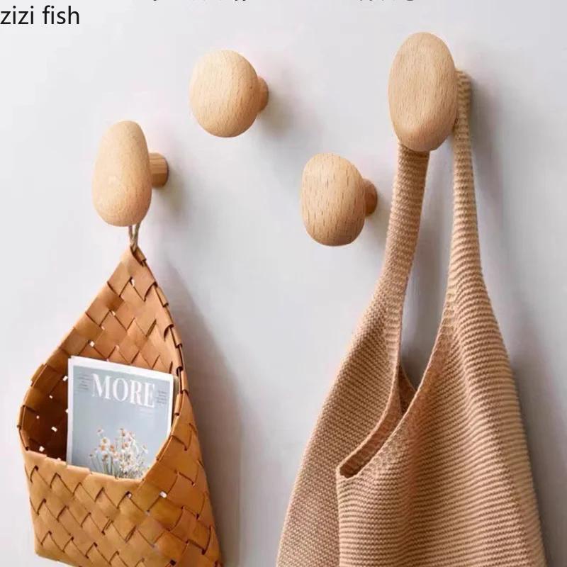 Solid Wood Hook Cabinet Handle Coat Hook Key Hooks Pebble Shaped Decorative Hooks Clothes Storage Rack Furniture Handles