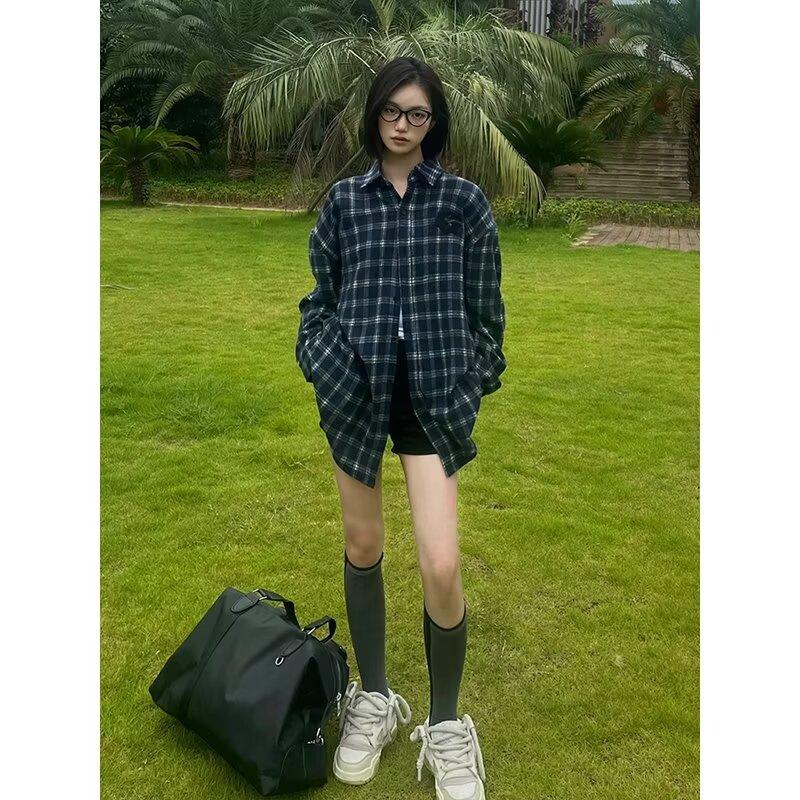 

2024 Клетчатая рубашка с длинным рукавом в японском стиле Гонконга Ins Свободная рубашка для мальчиков Летнее модное универсальное повседневное пальто 2XL синий