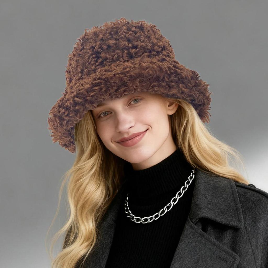 Women's Winter Thickened Faux Shearling Bucket Hat, Fluffy Soft Warm Fisherman Cap, Comfortable Outdoor Hat for Fall & Winter