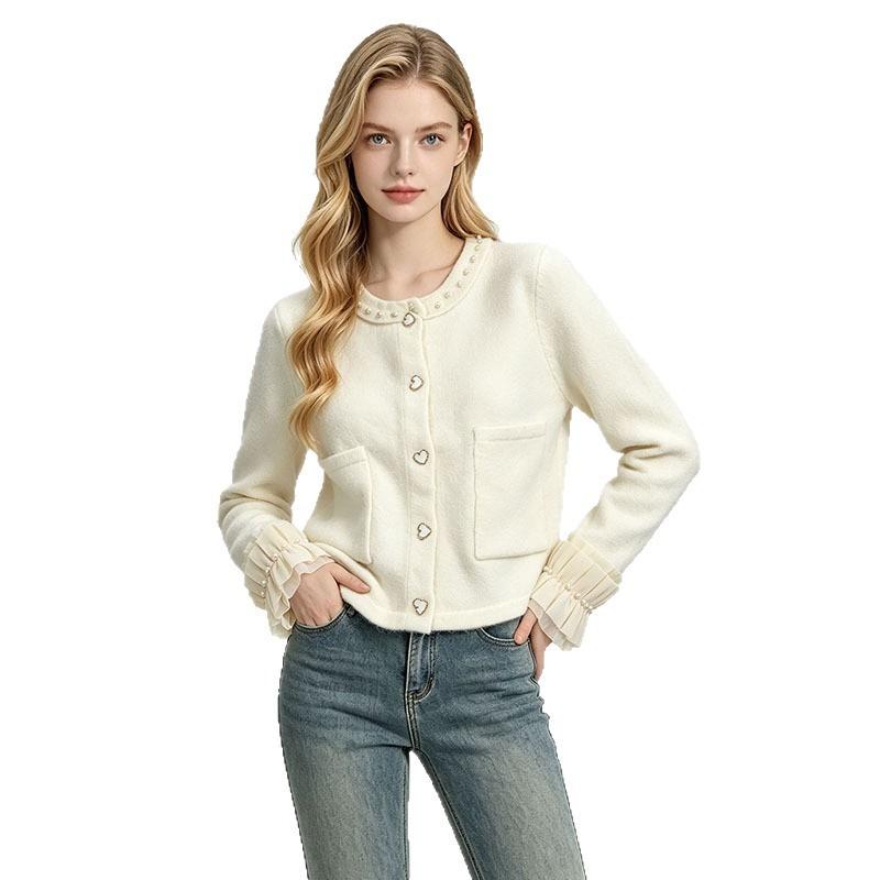 Women S Long Sleeve Knit Cardigan Ruffle Cuffs Beaded Buttons Short Style