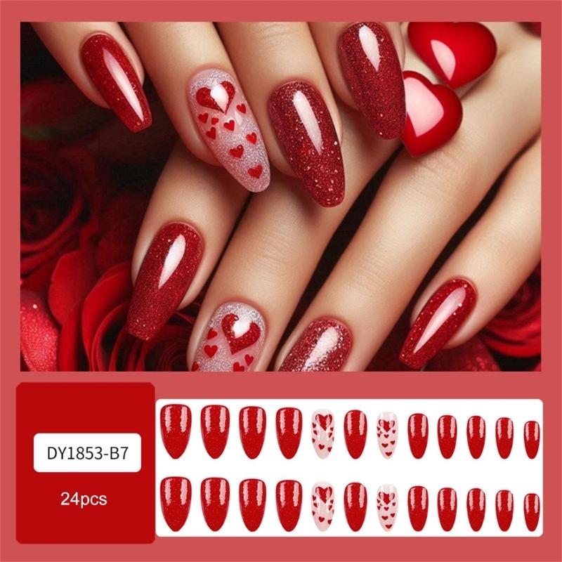 24 Pcs Glittering Full Cover Stick on Nail Valentines Day False Nail Press On Nail Almond Shape Artificial Nail