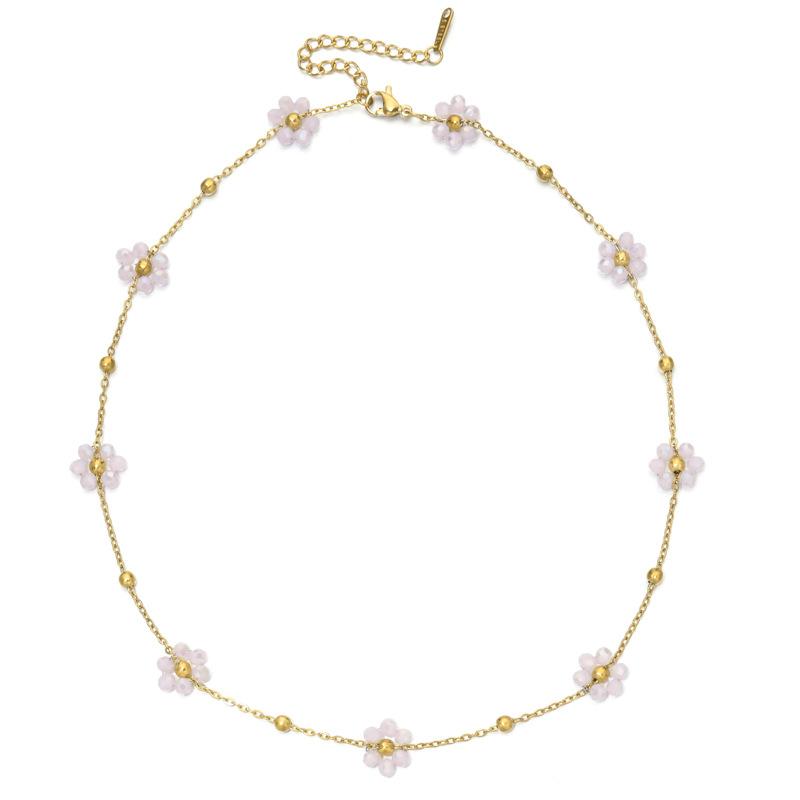 Women Elegant Stainless Steel Crystal Flower O Bead Chain Clavicle Necklace Jewelry