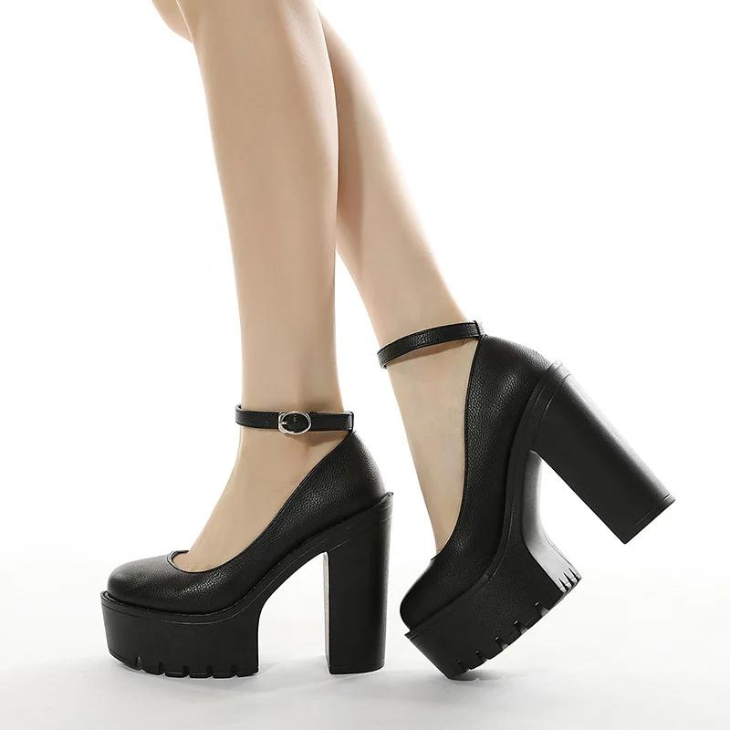 2025 new spring autumn casual high-heeled shoes sexy  thick heels platform pumps Black White Size 42