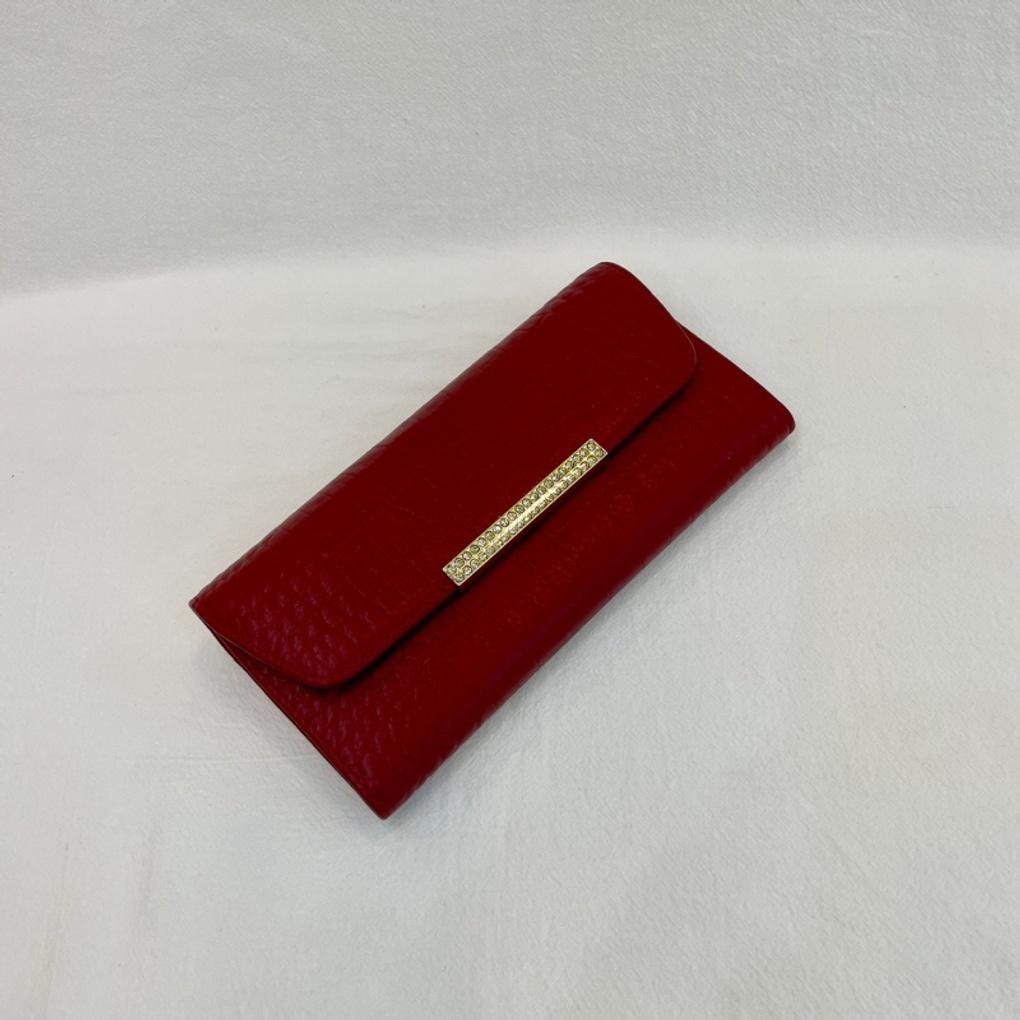 Women's Natural Cowhide Leather Double-Fold Long Wallet - AW9159 Red