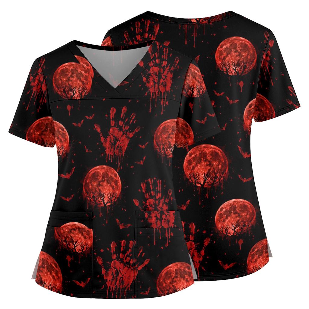 Women's Halloween Print V Neck Medical Scrub Top with Pockets Side Slit Short Sleeve Nurse Uniform Shirt for Healthcare Professionals