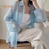 Women Shirt Lapel Long Sleeve Single Breasted Shirt Tops Solid Color Loose Fit See-through Glossy Fabric Sunscreen Thin Shirt