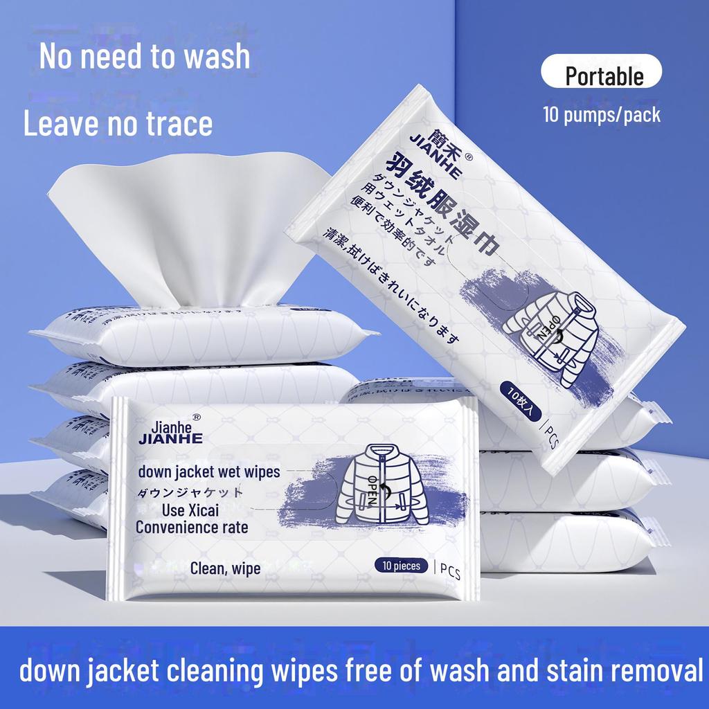 Disposable Wet Wipes for Cleaning Down Jackets - Portable, Water-Free, Degreasing, and Individually Packaged.