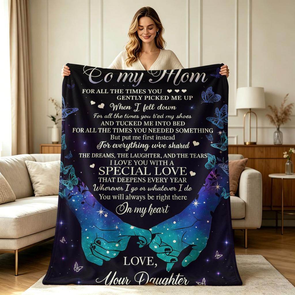 All Season Flannel Blanket with Mom Love Quote Butterfly Heart Print for Sofa Couch Bedroom Living Room Warm Soft Cozy Throw Blanket