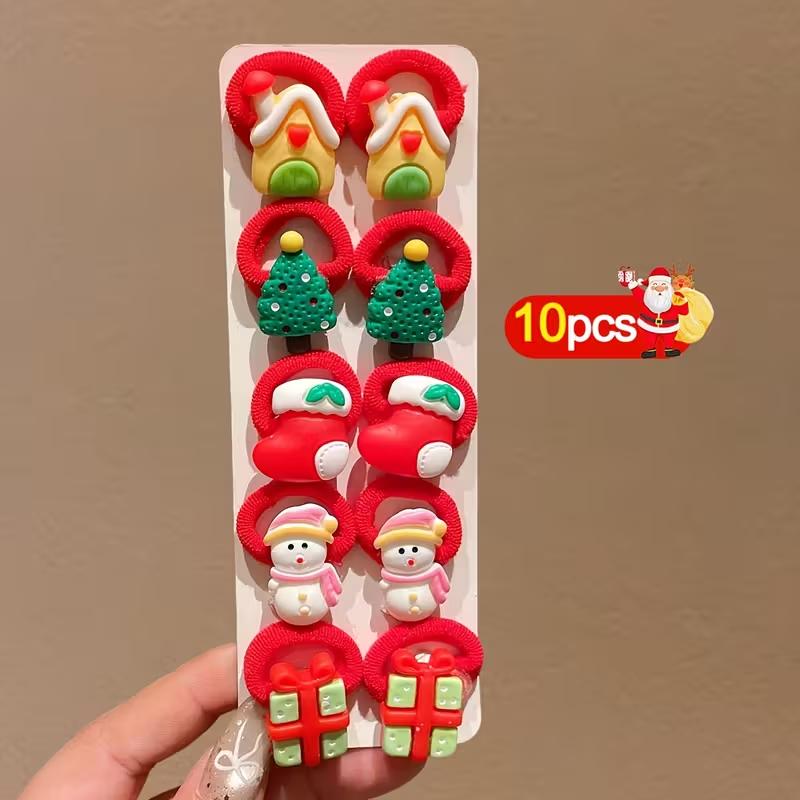 10PCS Kids Girls Christmas Hair Ties Cute Santa Claus Reindeer Design Festive Hair Accessories Holiday Parties Decorations