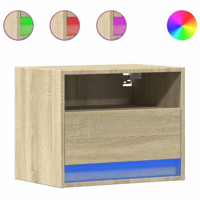 VidaXL Wall-mounted Bedside Tables with LED Lights 2 Pcs Sonoma Oak, Floating Bedside Table, Phone Holder, Table 852066