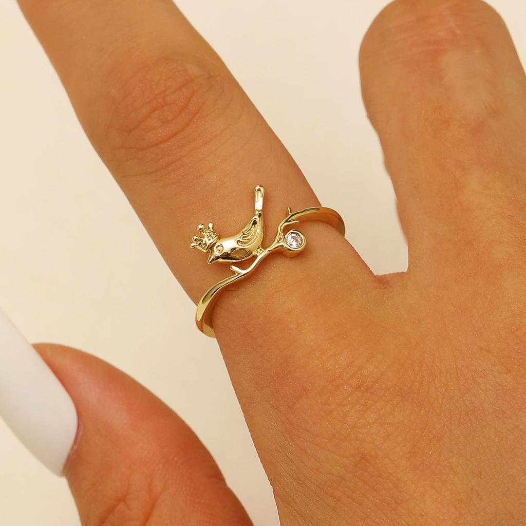 Hummingbird & Flower Open Ring Collection, Gold/Silver Tone Adjustable Gemstone Bird Rings for Women