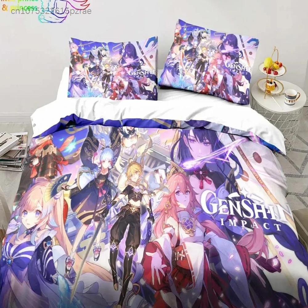 Genshin Impact Anime Povlečení 3D Potisk Vhodné do Ložnice Sada Povlaků na Peřinu s Povlaky na Polštáře Dětský Domácí Textil