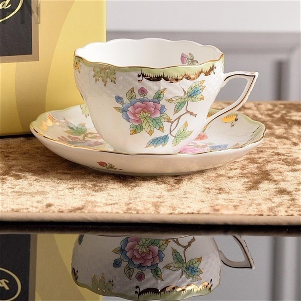 Creative Afternoon Tea Coffee Cup And Saucer Flower And Bird Printing Black Tea Cup Set Kitchen Supplies Cup And Saucer Gift