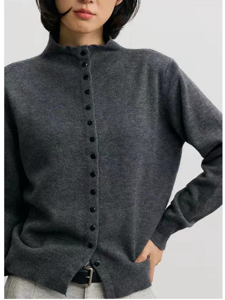 Women's Pure Wool Stand Collar Button-Up Cardigan - Loose Slim Fit Knit Base Layer Top with Long Sleeves for Autumn and Winter