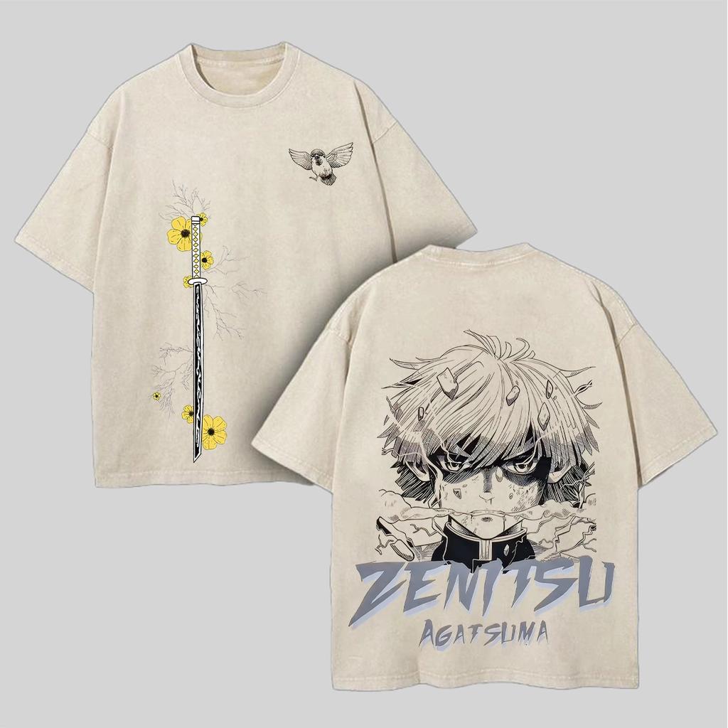 2025 Hot Anime Demon Slayer T-shirt Zenitsu Manga Washed Streetwear Loose Pure Cotton Short Sleeve Tee Shirt Men Women Clothing