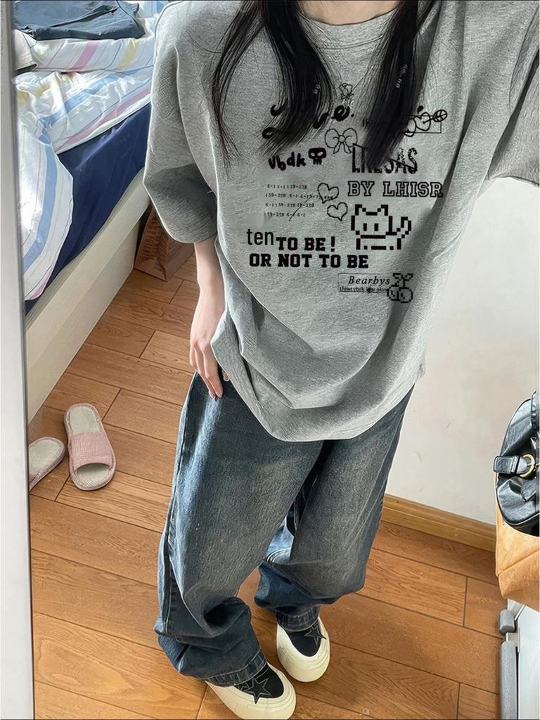 Retro American Plus Size Pure Cotton Women's Short Sleeve T-shirt - Summer 2026 Oversized Loose Fit