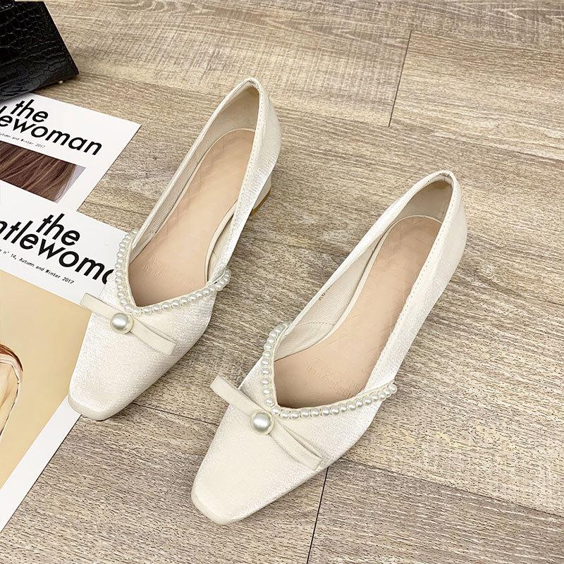 Single Shoes Women's Medium Heel Thick Heel High Heels French Pearl Small Square Head Shallow Mouth Versatile 2025 Spring and Autumn New Women's Shoes