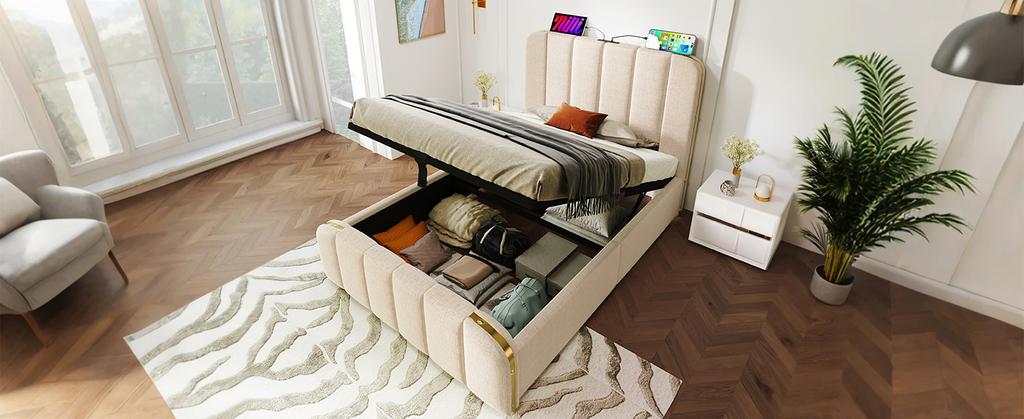 Upholstered Single Bed, Headboard with Golden Stripes and USB Type-C Charging 90*200 cm, Beige Linen Hydraulic Storage Bed (Without Mattress)