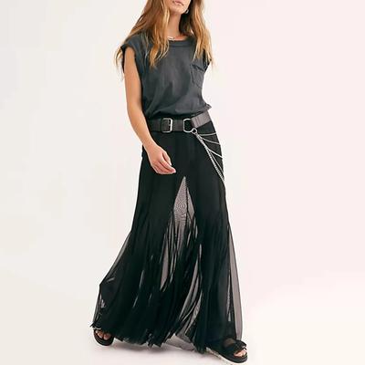 Jupe longue en maille transparente pour femme, sexy, transparente, élastique, taille haute, ourlet à volants, jupes fluides, soirée, décontractée, ligne A, jupes mi-longues
