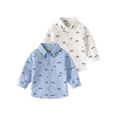 Children's Shirt Spring and Autumn Boys' Lapel Cartoon Penguin Print Cardigan Top Baby Boys' Long Sleeves Casual Shirt