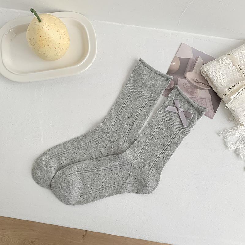 

Женские весенне-летние тонкие литературные носки-гольфы с маленькими цветочками и милым бантиком, без косточек, с закрученным краем 1 pair серый