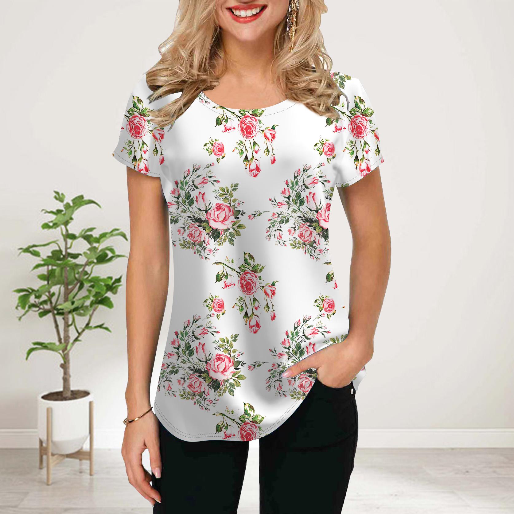 

Жіноча літня футболка з фіолетовим принтом із квітковим метеликом і короткими рукавами, повсякденні футболки з принтом XXL рожевий