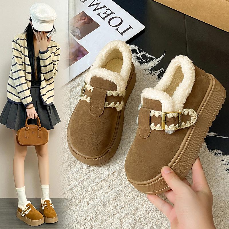 2025 Fashionable Versatile Women's Cotton Shoes Thick Bottom Loafers Winter Warm Fleece Lined Flat Heel round Toe Shoes