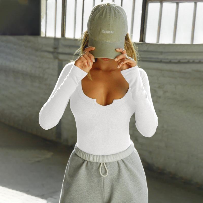 Women's Threaded U Neck Slim Solid Color Casual Long Sleeve Top