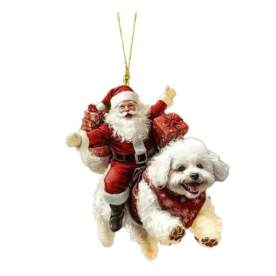 Santa Claus Dog Christmas Ornaments Funny Santa Claus Riding Puppy Ornaments 2D