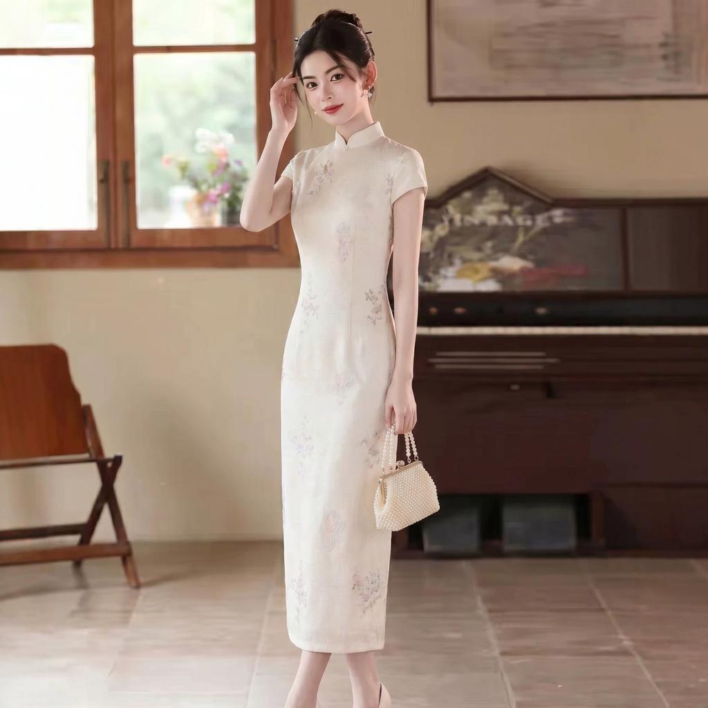 Vintage beige improved gentle white elegant temperament 1011 new daily commuting young slim dress summer