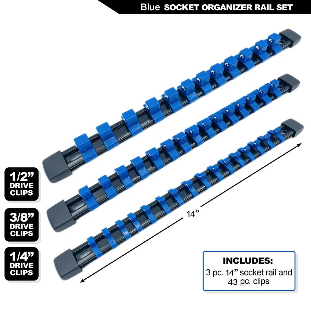 3 PCS Socket Organizer 1/2 3/8 1/4 inch Drive Socket Rail Holders Heavy Duty Socket Racks, Black Rails with Red Blue Black Clips
