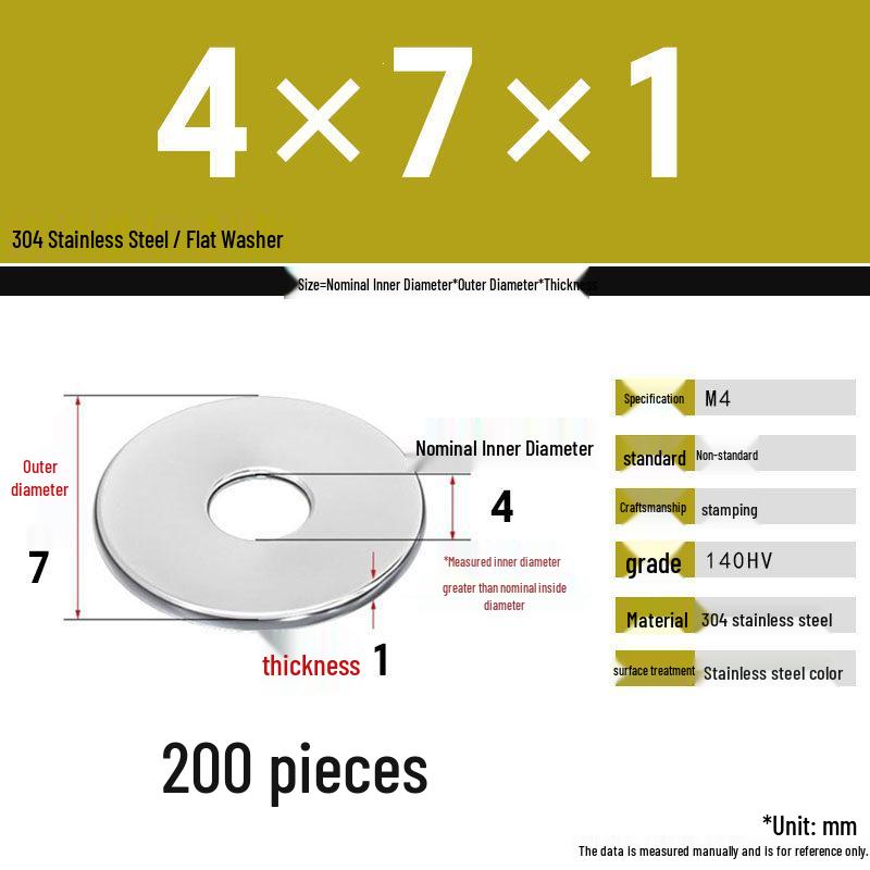 304 Stainless Steel Thickened Flat Washer Set, Sizes 2-36