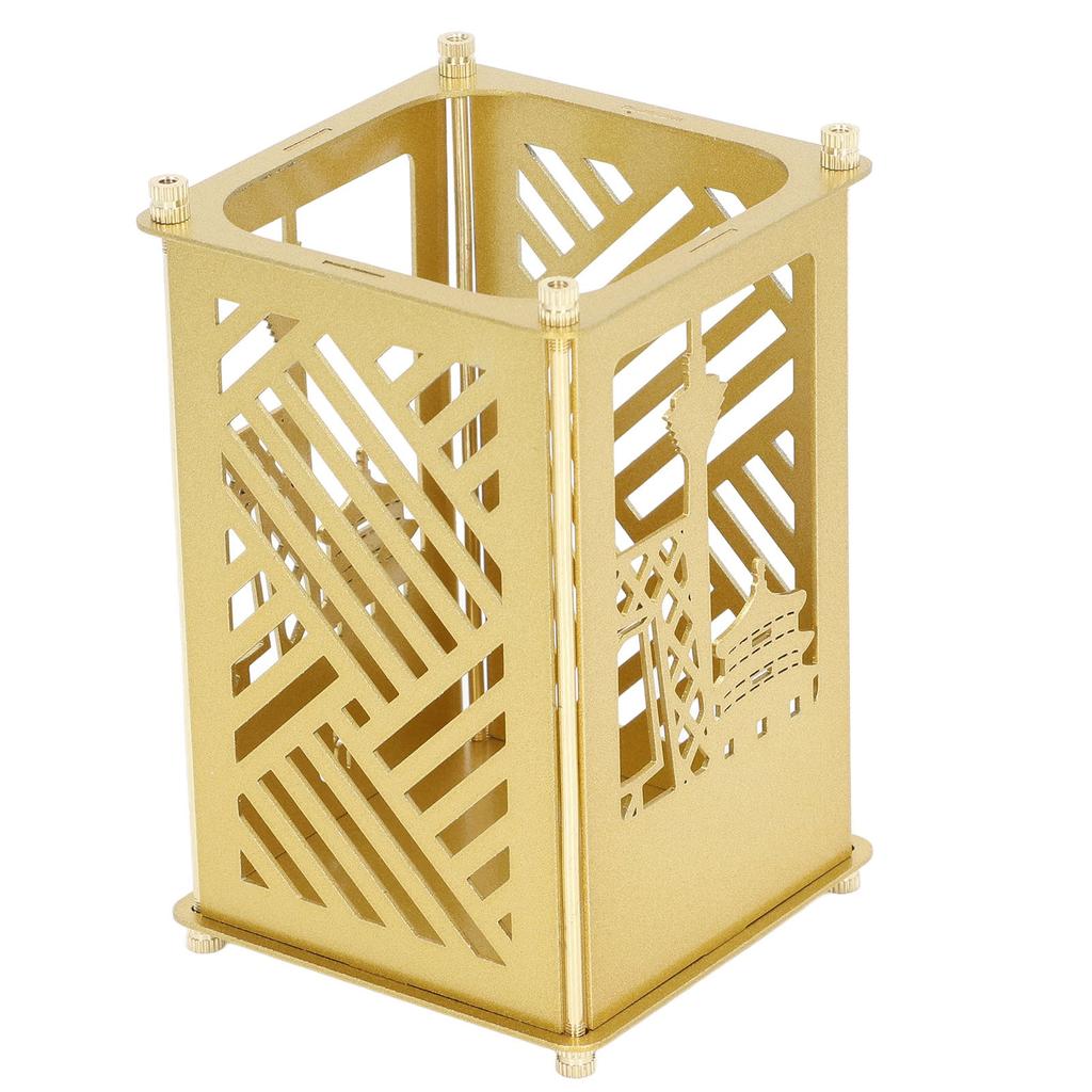 Metal Assembled Pen Holder Gold BeijingPattern Quadrate Surfaces Plating DIY Pen Holder for Home