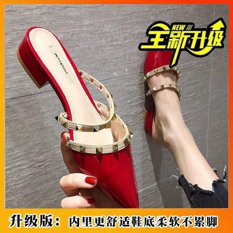 Net red envelope slippers women's fashion cool slippers pointed middle heel summer sexy head half slippers women