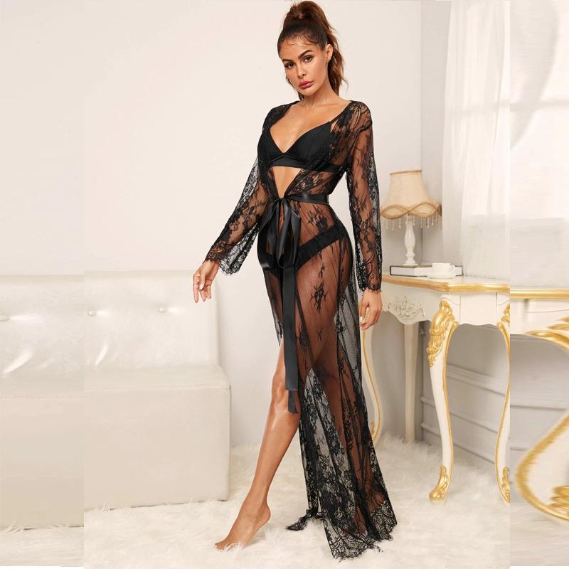 Sexy new perspective bathrobe black robe set lace lingerie