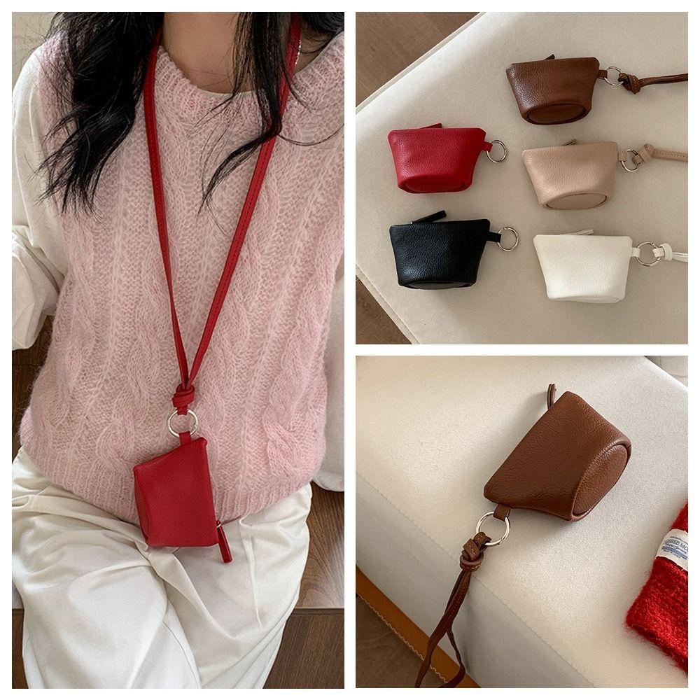 

PU Leather Hanging Neck Coin Purse Makeup Storage Pendant Accessories Ins Lanyard Wallet Travel коричневий