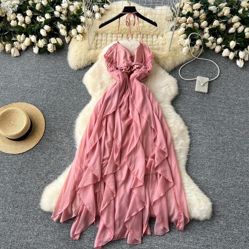 Sommer Kvinner Sexy Spaghetti Stropp V-hals Tynn Chiffon Lange Maxi Holiday Beach Kjoler