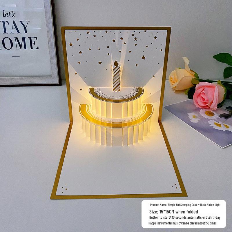 Carte pop-up Gâteau d'anniversaire musical 3D avec lumières colorées et enregistrement