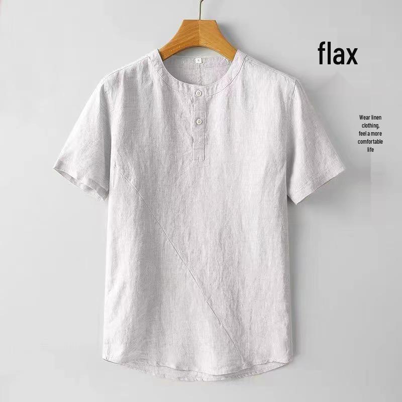 Męska koszula casual z bawełny i lnu, z krótkim rękawem i kołnierzykiem stojącym, na rok 2024
