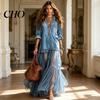 Beach Dress for Women Women's Faux Denim Shirt Dress, Long Sleeve Mesh Patchwork Pleated Detail Maxi Button Down Ruffle Sheer Elegant Summer
