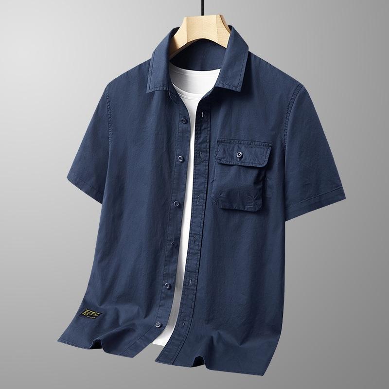 Men's Summer Cotton Short Sleeve Polo Collar Shirt Multiple Pockets Workwear Loose Plus Size Thin Casual Top for Middle Aged Young