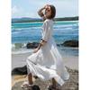 Women's White Embroidered Ethnic Summer Beach Dress with Big Swing Skirt