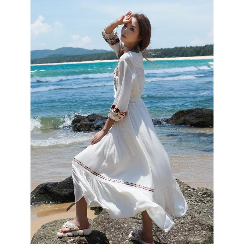 Women's White Embroidered Ethnic Summer Beach Dress with Big Swing Skirt