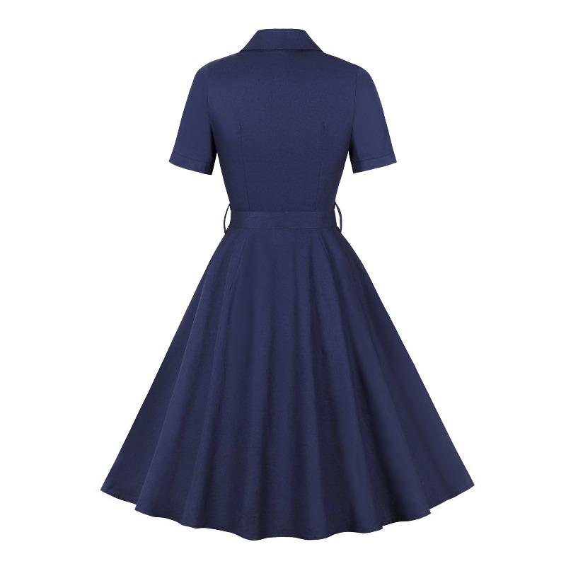 Women's Single-Breasted Wide-Skirted Retro-Style Waist-Cinched Solid-Colour Dress