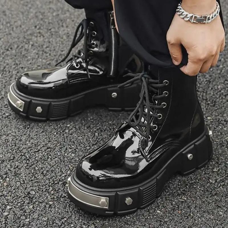 Men's High Top Boots Punk Style Metal Rivet Patent Leather Platform Boots Designer Shoes Mens Motorcycle Boots Botas Para Hombre