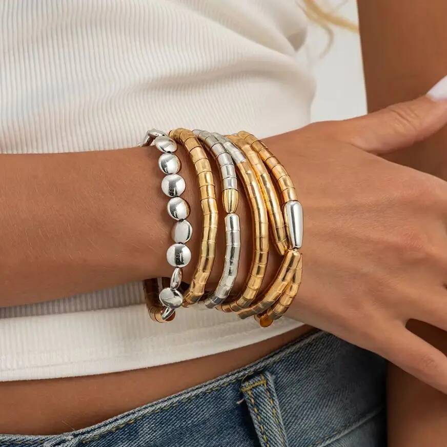 Salircon 6 Pcs Punk Trendy Irregular Geometry Bracelet Set for Women Men Creative Handmade Metal Stack Hand Chain Couple Jewelry