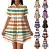 Women Loose Fit Shirt Dress Button Front Stand Collar Short Sleeve Casual Dress with Stripe Print for Daily Wear